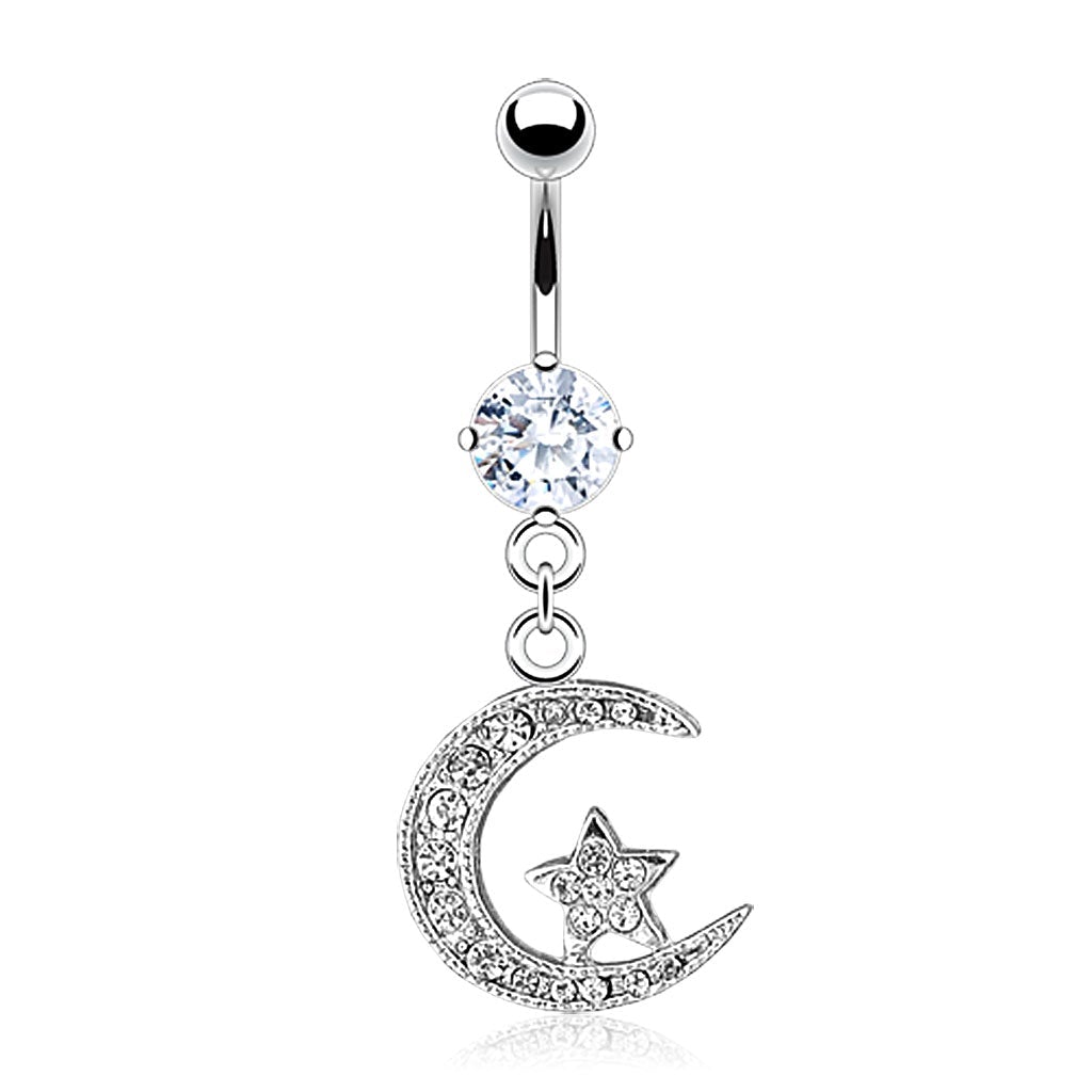 Cherry Diva Belly Button Ring 14 Gauge Dangling Moon & Star Belly Button Bar - Silver