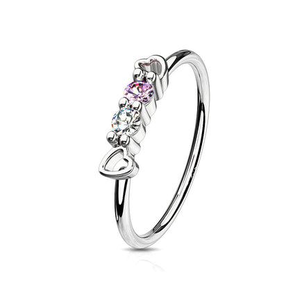 Cherry Diva Bendable Hoop Ring 20 Gauge Dainty Silver Crystal Heart Hoop Ring For Nose & Ear