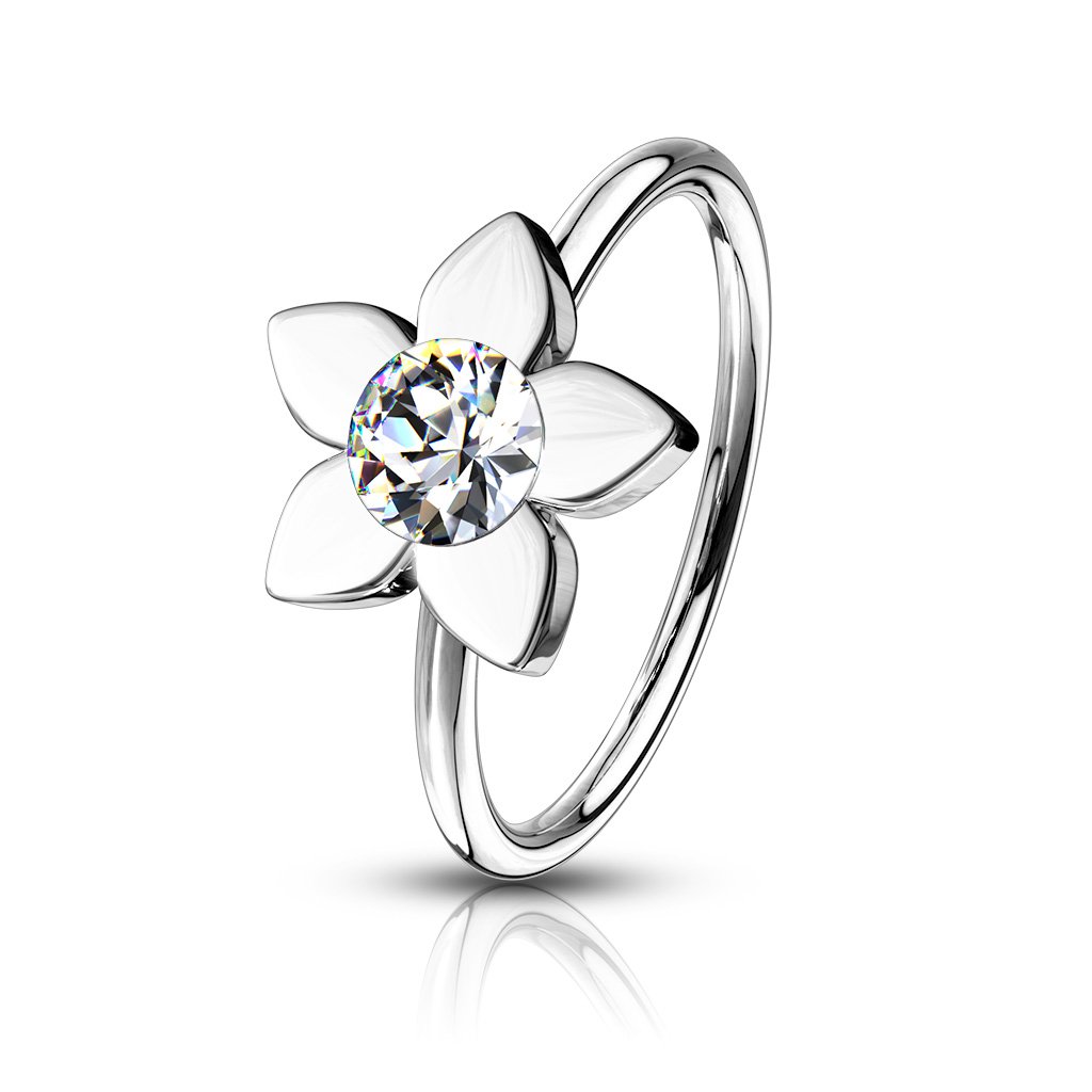 Cherry Diva Bendable Hoop Ring SILVER 20 Gauge Jewelled Flower Surgical Steel Bendable Hoop Ring