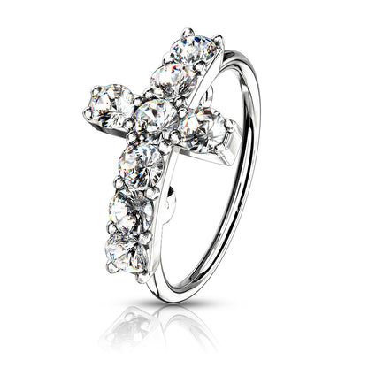 Cherry Diva Bendable Hoop Ring SILVER 20 Gauge Crystal Paved Cross Hoop Ring For Nose & Ear