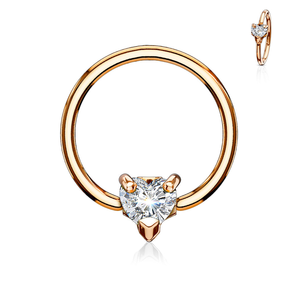 Cherry Diva Captive Ring Rose Gold 16 Gauge Crystal Heart Captive Ring