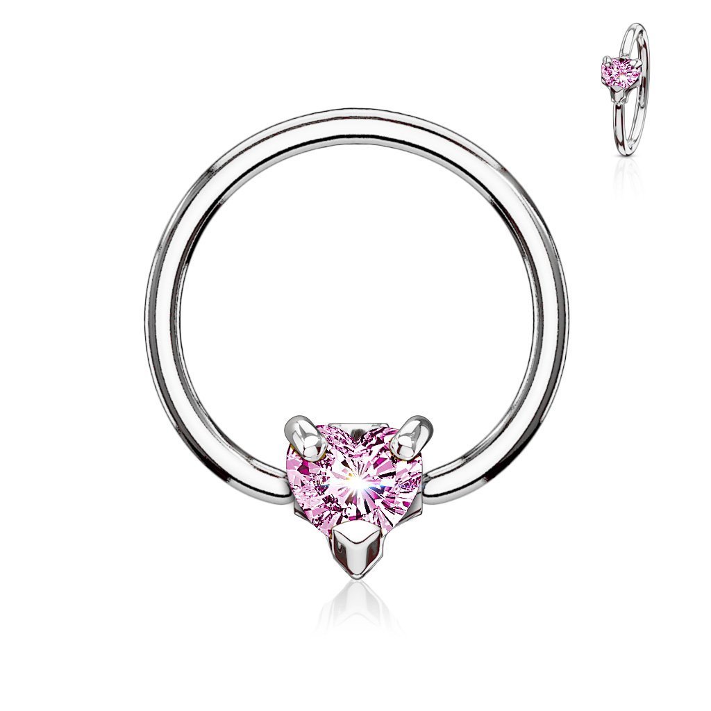 Cherry Diva Captive Ring Silver / Pink Crystal 14 Gauge Crystal Heart Captive Ring