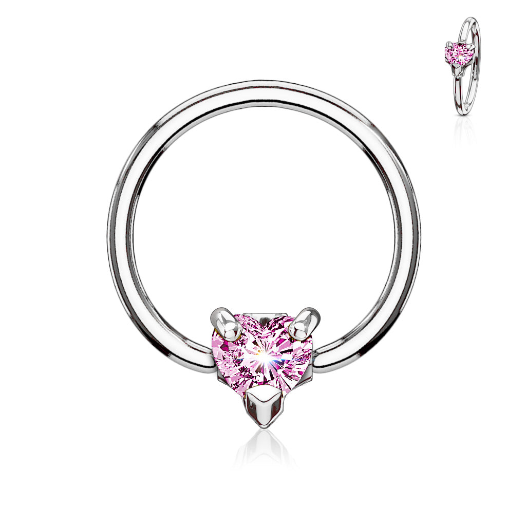 Cherry Diva Captive Ring Silver / Pink Crystal 16 Gauge Crystal Heart Captive Ring