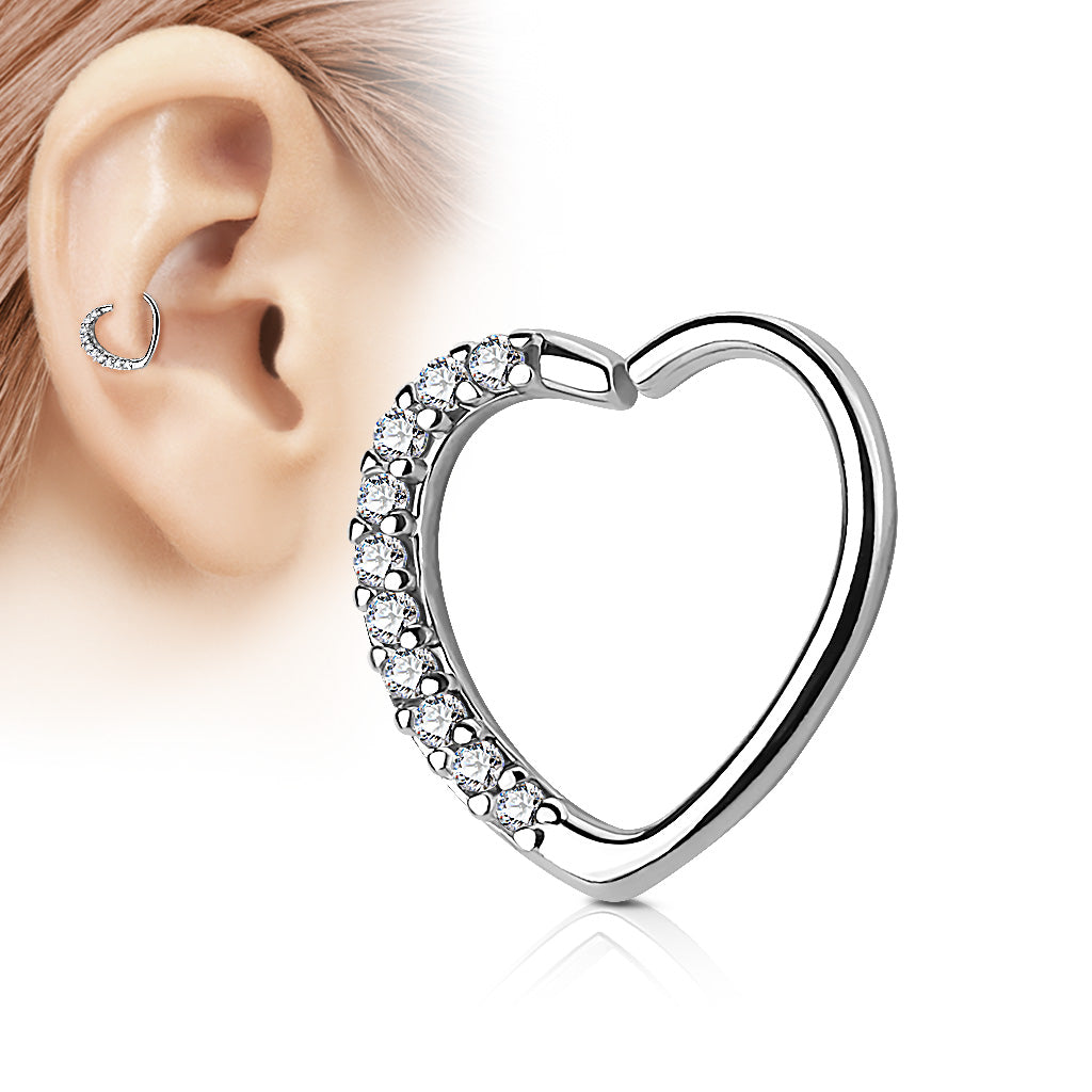 16 Gauge Heart With Crystal Trim Cartilage / Daith Hoop