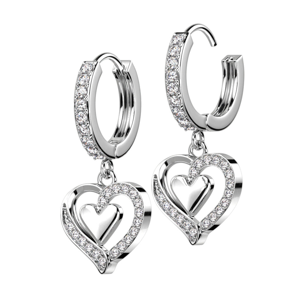 Cherry Diva Earrings Dangling Crystal Heart Hoop Earrings - Silver
