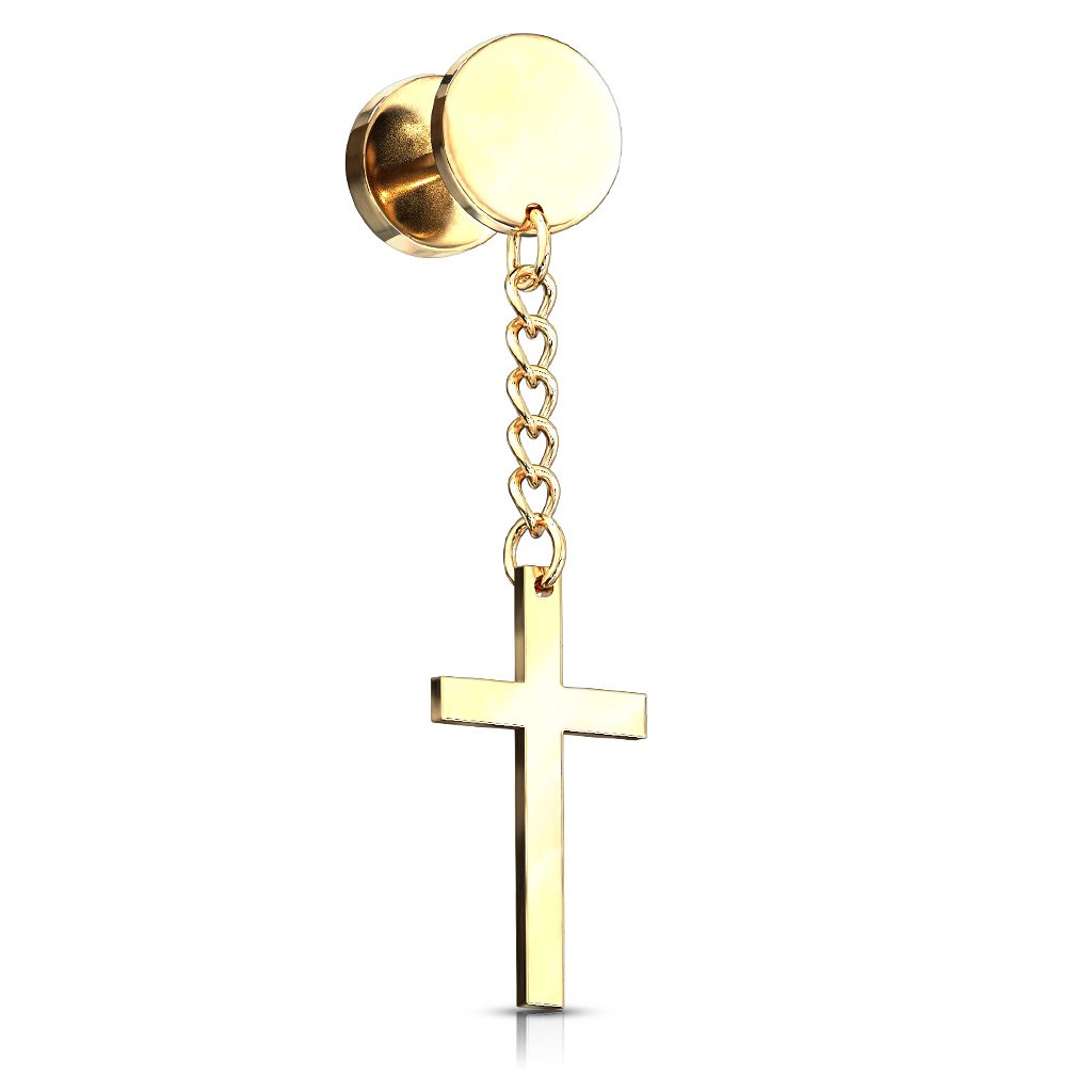 Cherry Diva Earrings GOLD Dangling Cross Faux Plug Earring