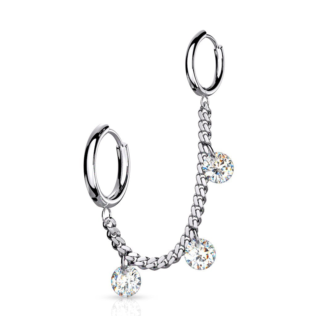 Cherry Diva Earrings SILVER Chain Linked Crystal Hoop Clicker Earrings