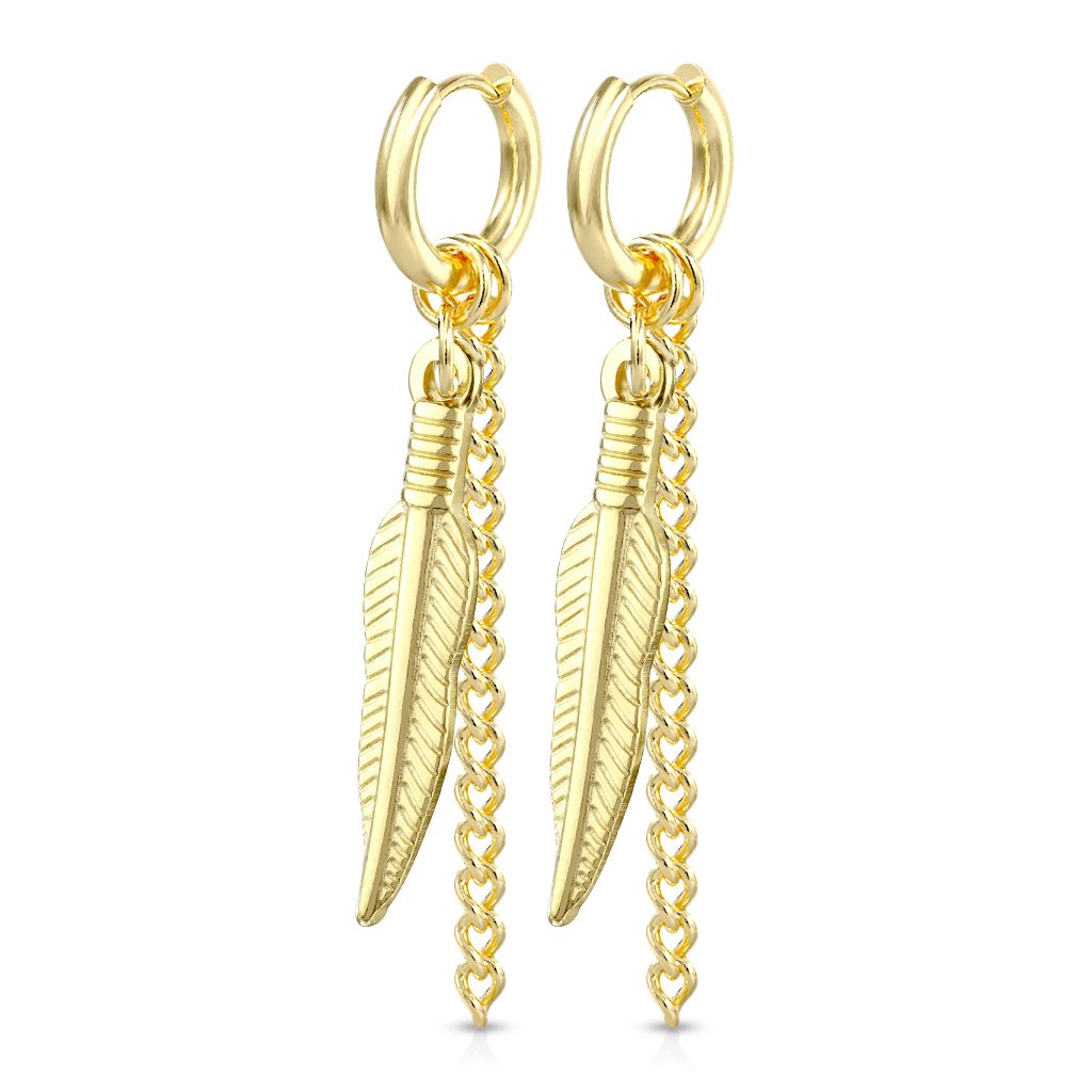 Cherry Diva Earrings 18 Tribal Feather Clicker Hoop Earrings - Gold