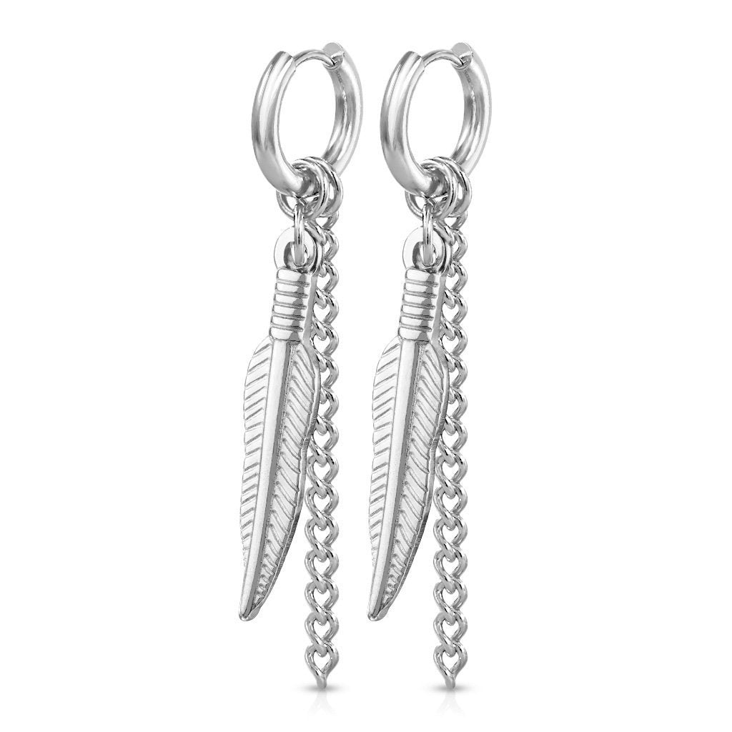 Cherry Diva Earrings 18 Gauge Tribal Feather Clicker Hoop Earrings - Silver