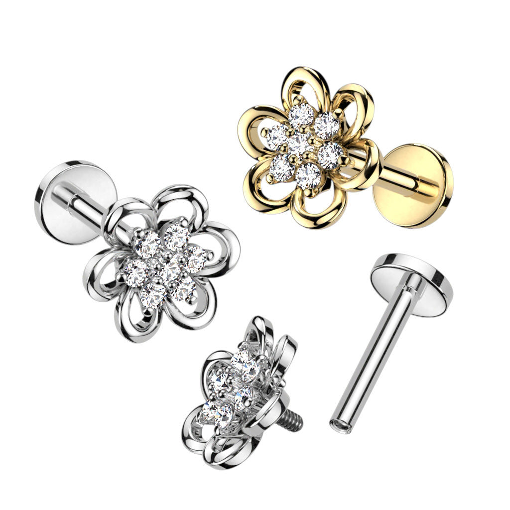 Cherry Diva Flat Back Stud 16 Gauge Flat Back Internally Threaded Crystal Flower Stud