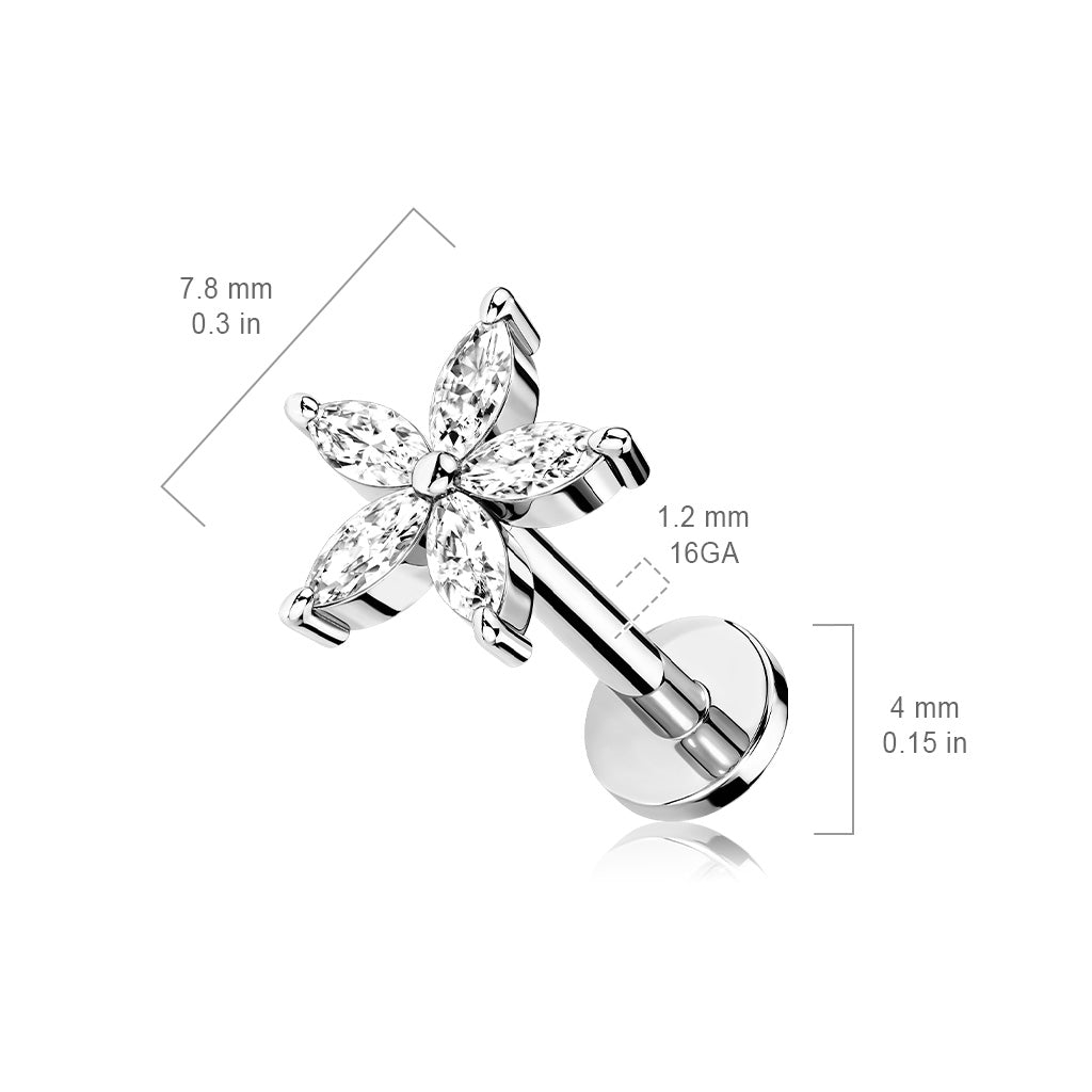 Cherry Diva Flat Back Stud 16 Gauge Flat Back Internally Threaded Silver Flower Stud