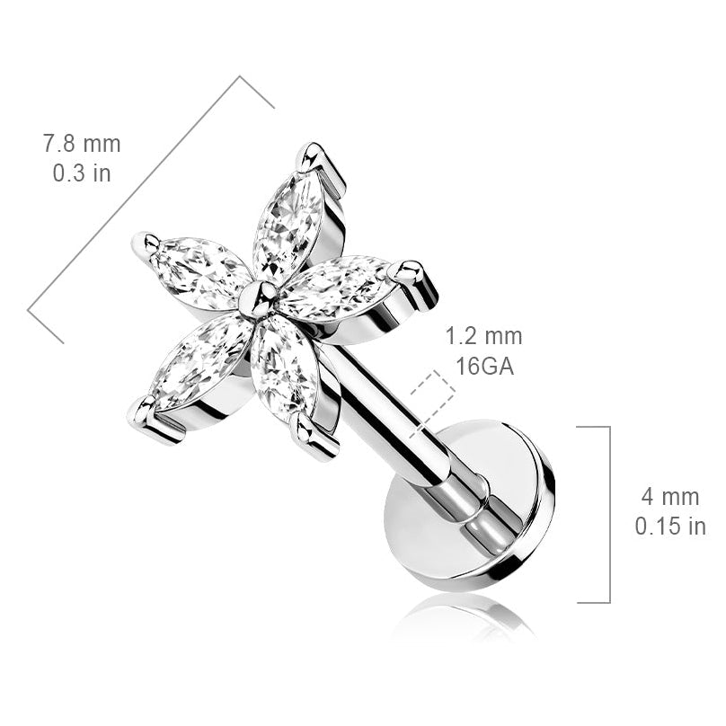 Cherry Diva Flat Back Stud 16 Gauge Flat Back Internally Threaded Silver Flower Stud