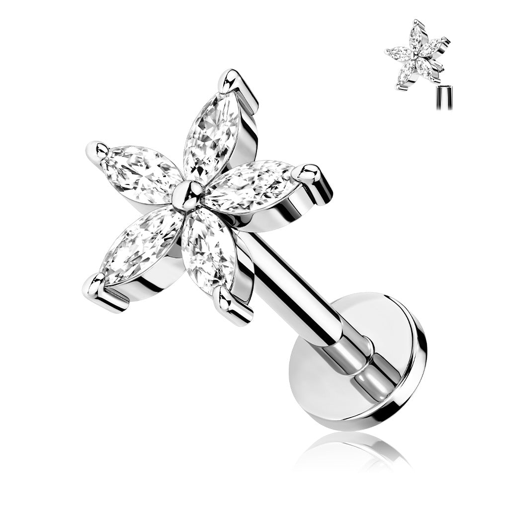 Cherry Diva Flat Back Stud 6MM 16 Gauge Flat Back Internally Threaded Silver Flower Stud