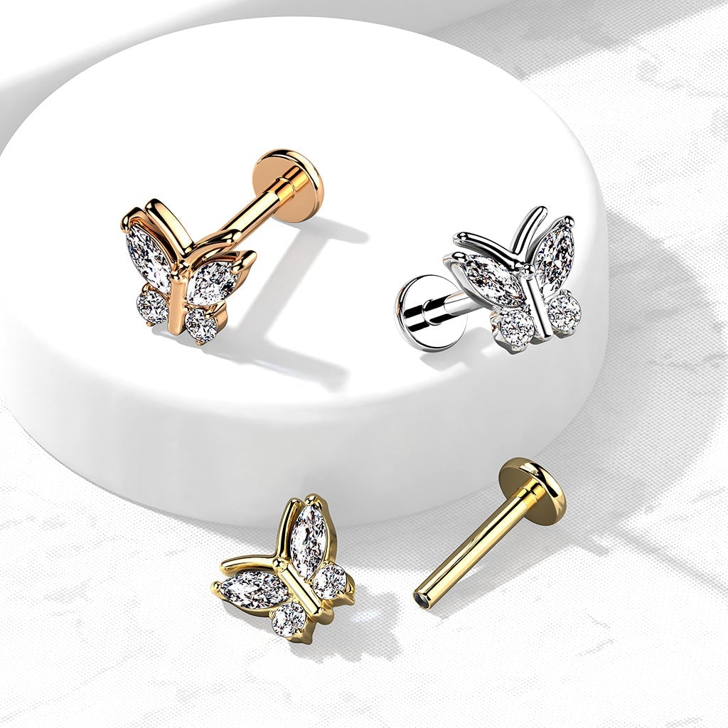 Cherry Diva Flat Back Stud 16 Gauge Internally Threaded Crystal Butterfly Stud