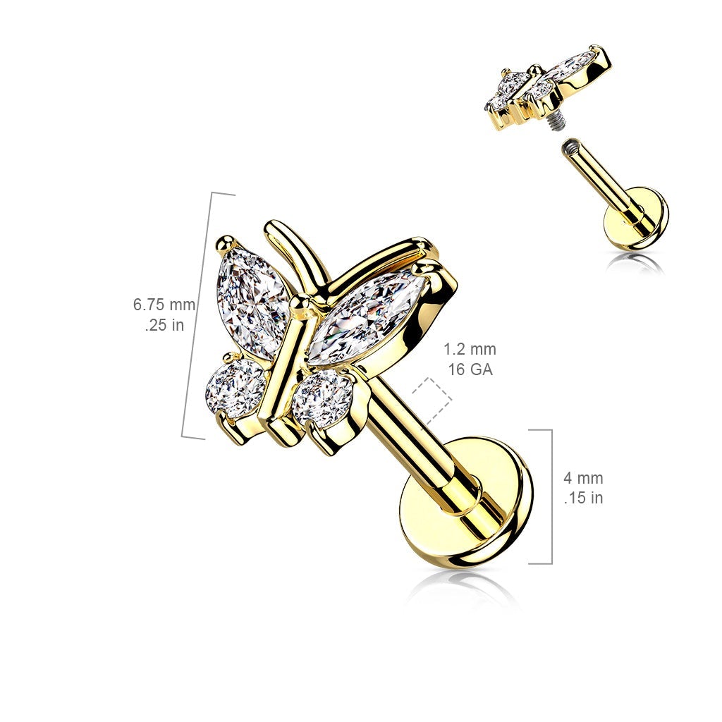 Cherry Diva Flat Back Stud 16 Gauge Internally Threaded Crystal Butterfly Stud