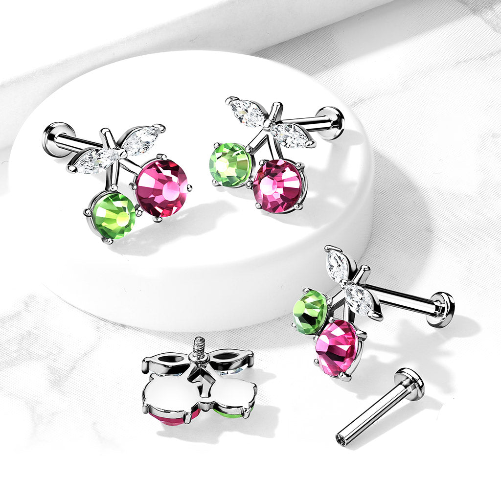 Cherry Diva Flat Back Stud 16 Gauge Internally Threaded Flat Back Crystal Cherries Stud