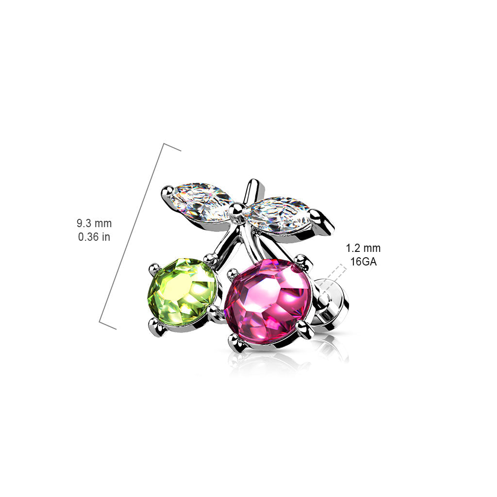 Cherry Diva Flat Back Stud 16 Gauge Internally Threaded Flat Back Crystal Cherries Stud
