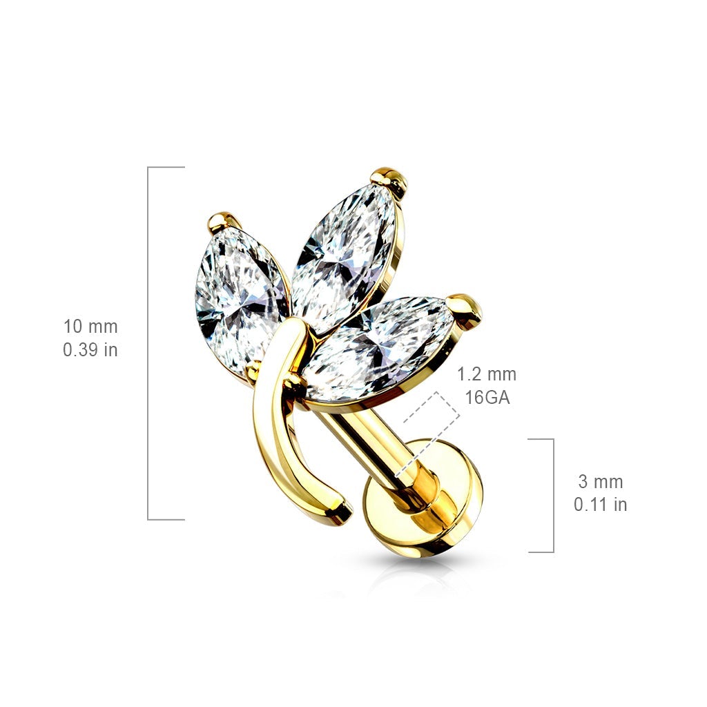 Cherry Diva Flat Back Stud 16 Gauge Internally Threaded Flat Back Crystal Trio Leaf Stud