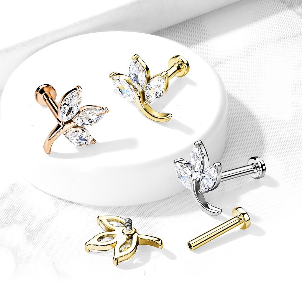 Cherry Diva Flat Back Stud 16 Gauge Internally Threaded Flat Back Crystal Trio Leaf Stud