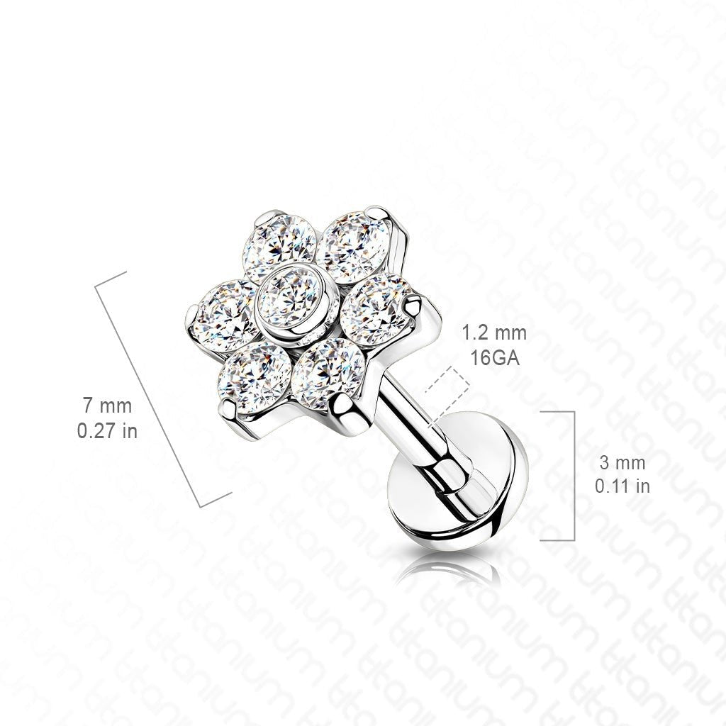 Cherry Diva Flat Back Stud 16 Gauge Titanium Internally Threaded Five Petal Crystal Flower Stud - Silver