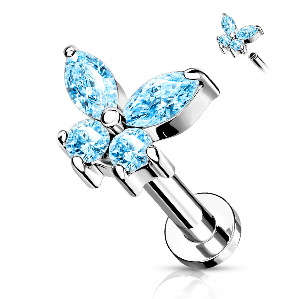 Cherry Diva Flat Back Stud 6MM - AQUA CRYSTAL 16 Gauge Internally Threaded Flat Back Crystal Butterfly Stud
