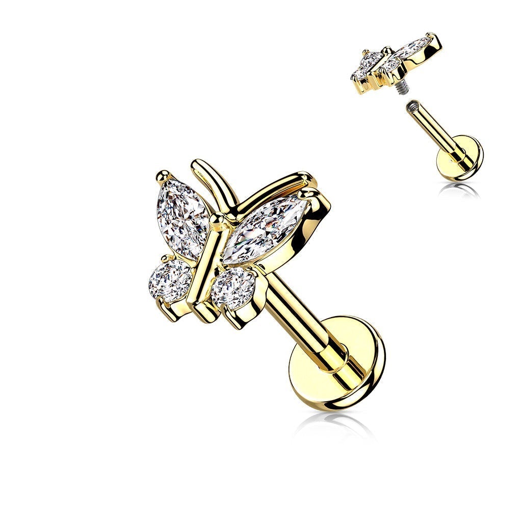 Cherry Diva Flat Back Stud GOLD 16 Gauge Internally Threaded Crystal Butterfly Stud