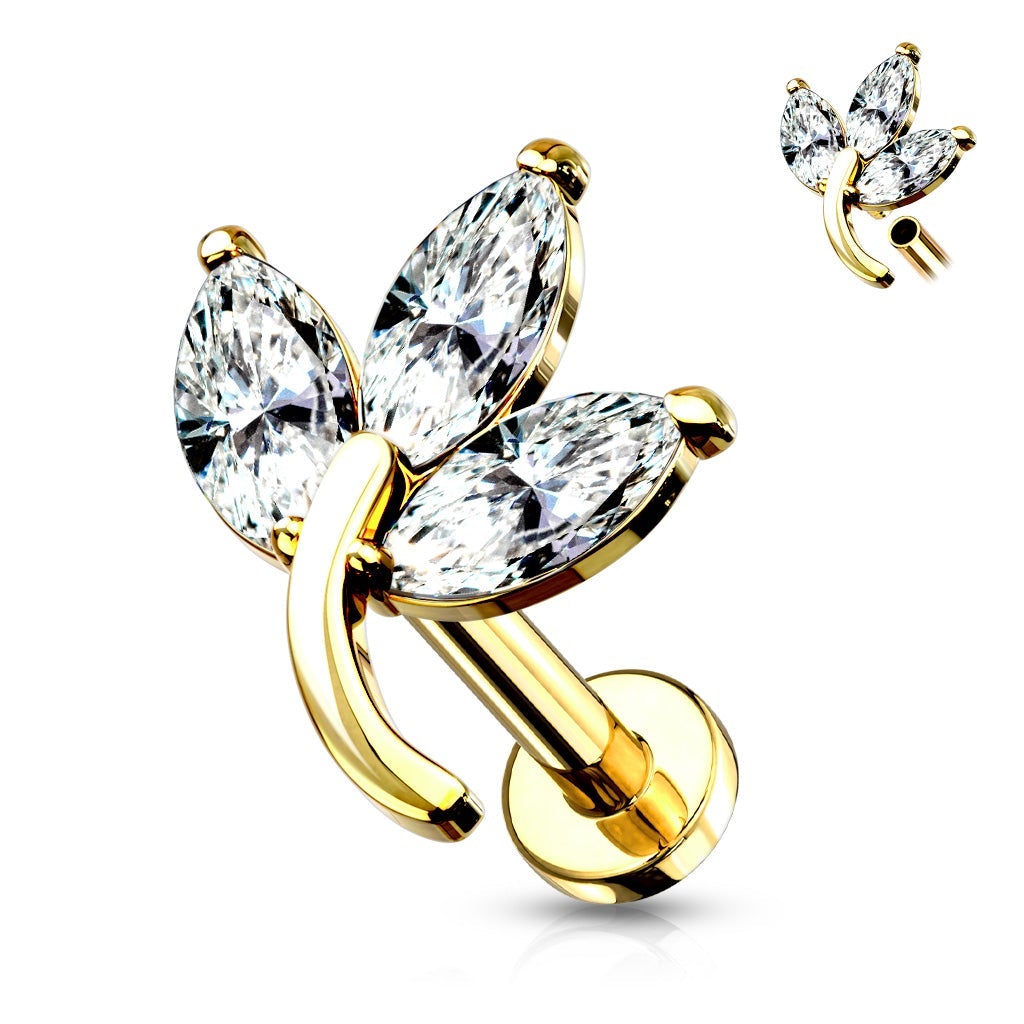 Cherry Diva Flat Back Stud GOLD 16 Gauge Internally Threaded Flat Back Crystal Trio Leaf Stud