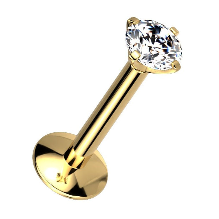 Cherry Diva Flat Back Stud GOLD / CLEAR CRYSTAL 16 Gauge Titanium Internally Threaded Prong Set Crystal Stud