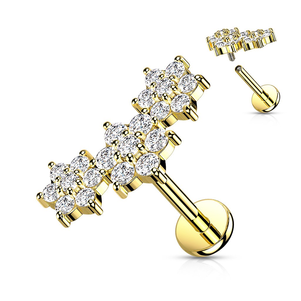 Cherry Diva Flat Back Stud GOLD / CLEAR CRYSTAL 16 Gauge Internally Threaded Flat Back Crystal Flower Trio Stud