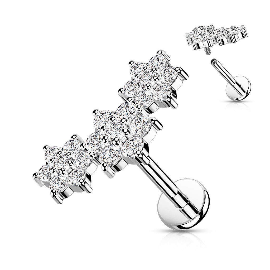 Cherry Diva Flat Back Stud SILVER / CLEAR CRYSTAL 16 Gauge Internally Threaded Flat Back Crystal Flower Trio Stud