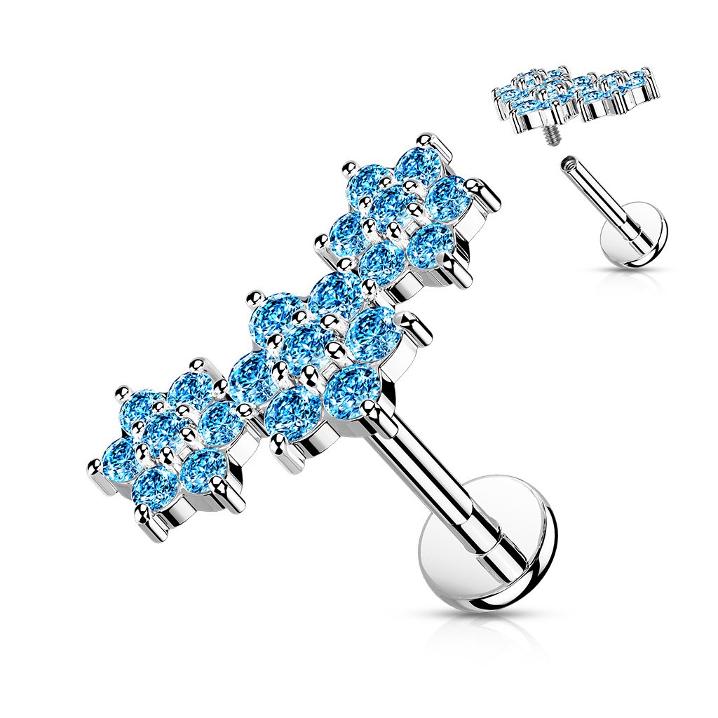 Cherry Diva Flat Back Stud SILVER / BLUE CRYSTAL 16 Gauge Internally Threaded Flat Back Crystal Flower Trio Stud