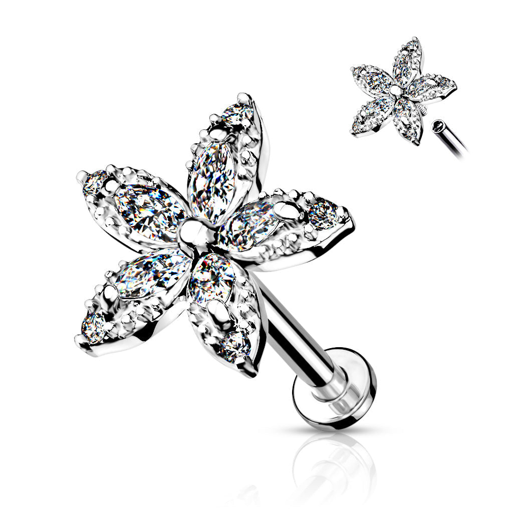 Cherry Diva Flat Back Stud Silver 16 Gauge Internally Threaded Flat Back Crystal Marquise Flower Stud