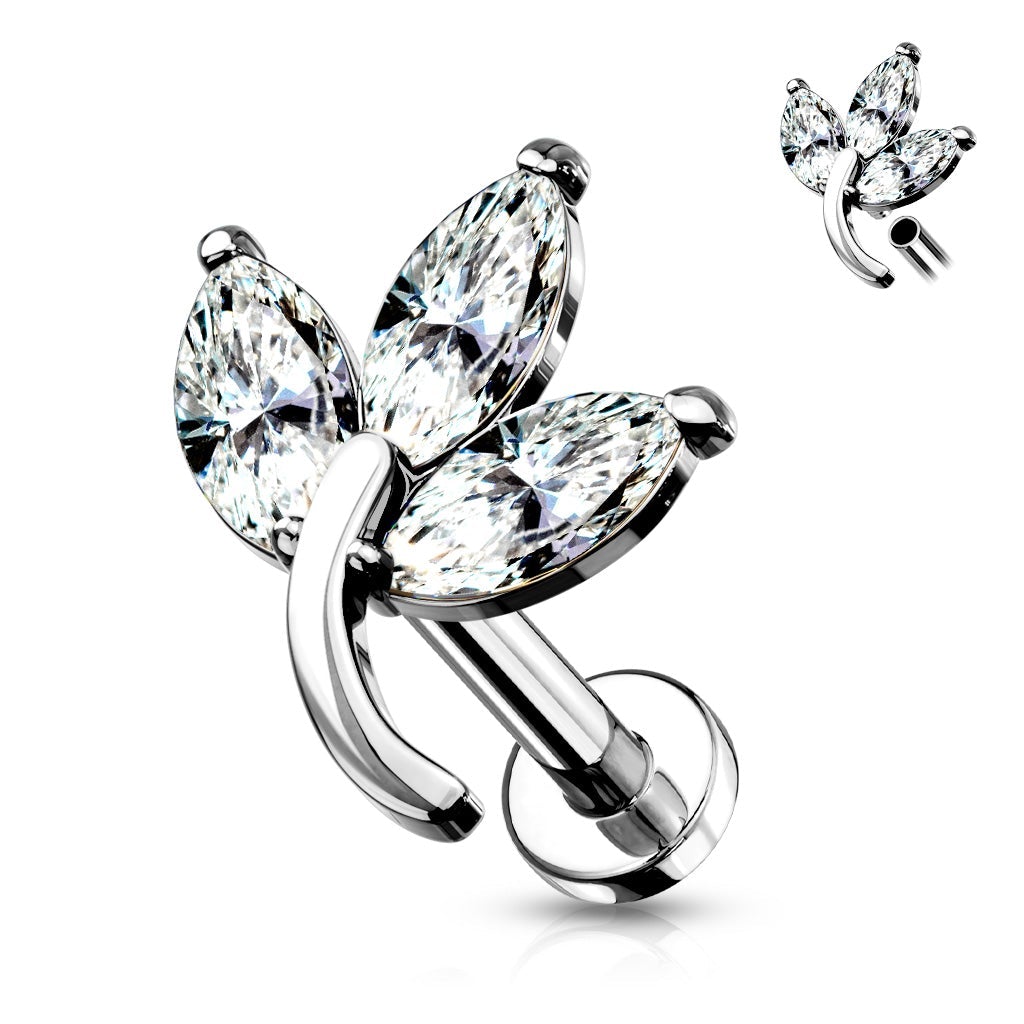 Cherry Diva Flat Back Stud SILVER 16 Gauge Internally Threaded Flat Back Crystal Trio Leaf Stud