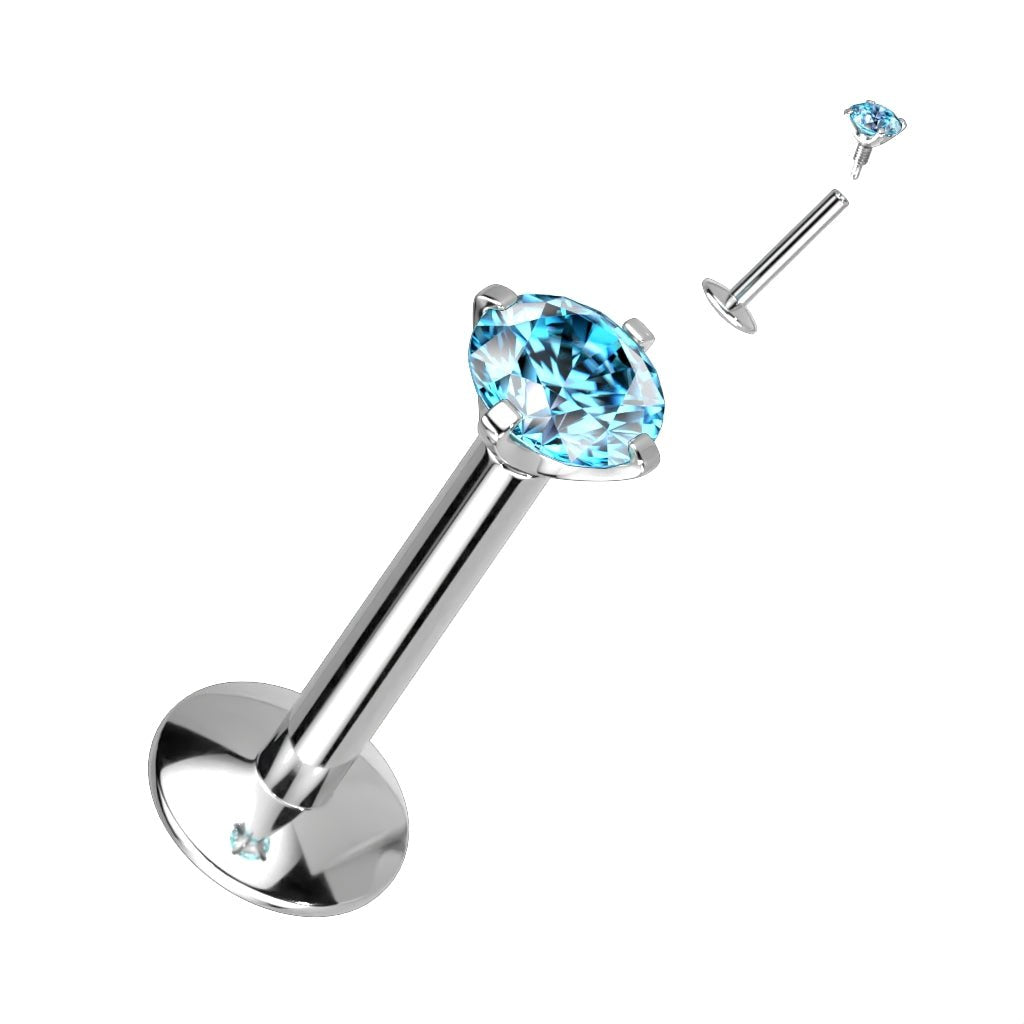 Cherry Diva Flat Back Stud SILVER / BLUE CRYSTAL 16 Gauge Titanium Internally Threaded Prong Set Crystal Stud