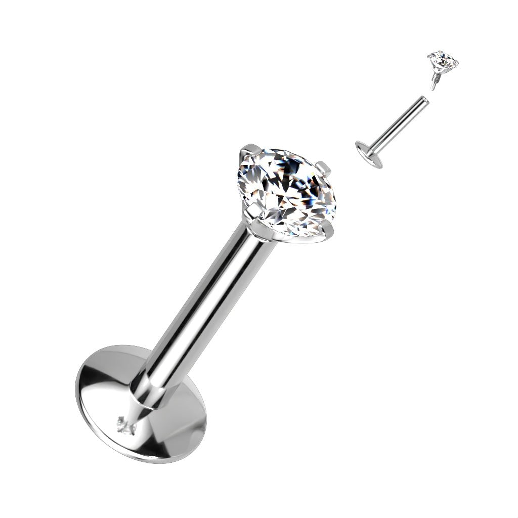 Cherry Diva Flat Back Stud SILVER / CLEAR CRYSTAL 16 Gauge Titanium Internally Threaded Prong Set Crystal Stud