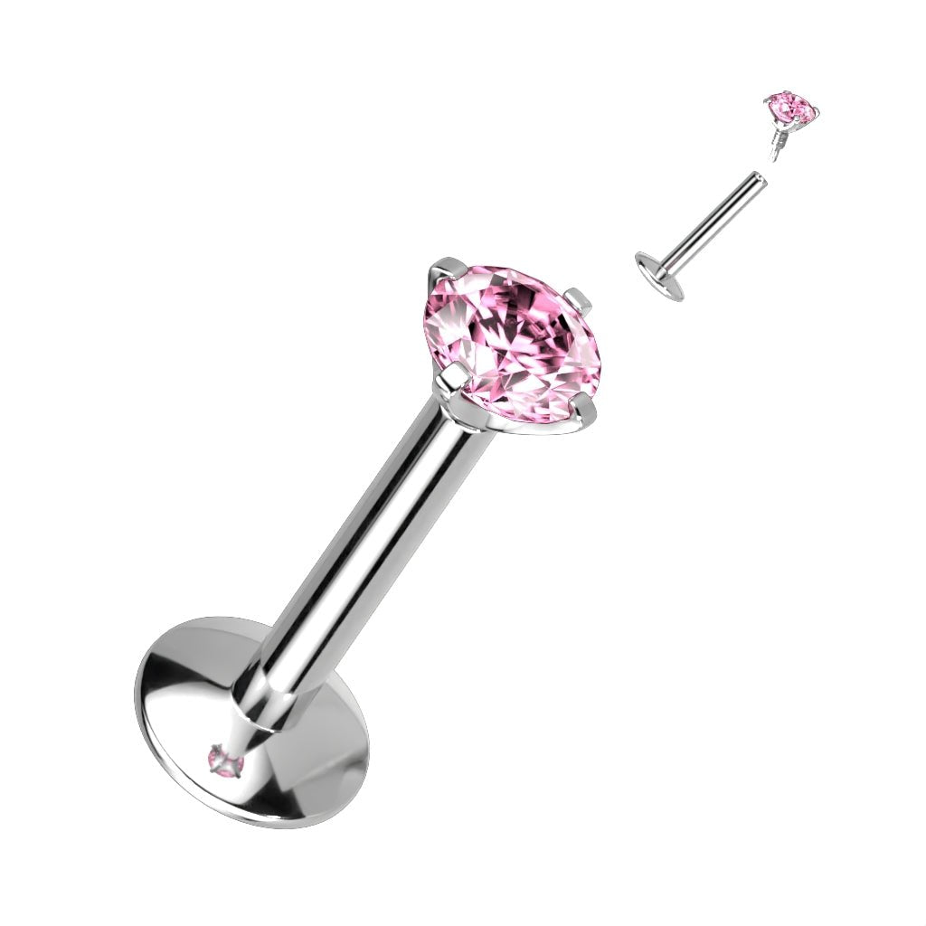 Cherry Diva Flat Back Stud SILVER / PINK CRYSTAL 16 Gauge Titanium Internally Threaded Prong Set Crystal Stud