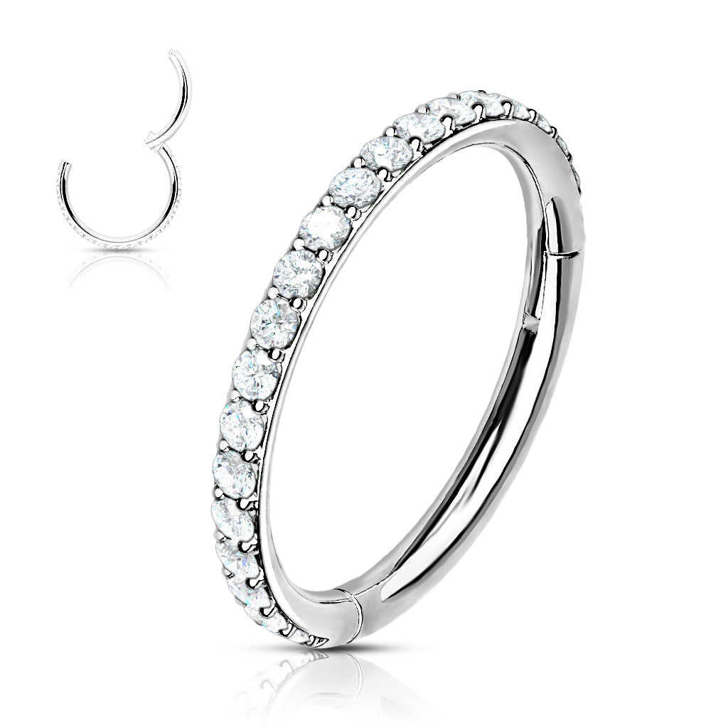 Cherry Diva Hoop Ring 16 Gauge Crystal Lined Hinged Hoop Ring - Silver