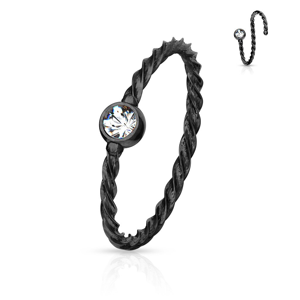 Cherry Diva Bendable Hoop Ring Black / Clear Crystal 20 Gauge Crystal Twisted Rope Bendable Hoop Ring