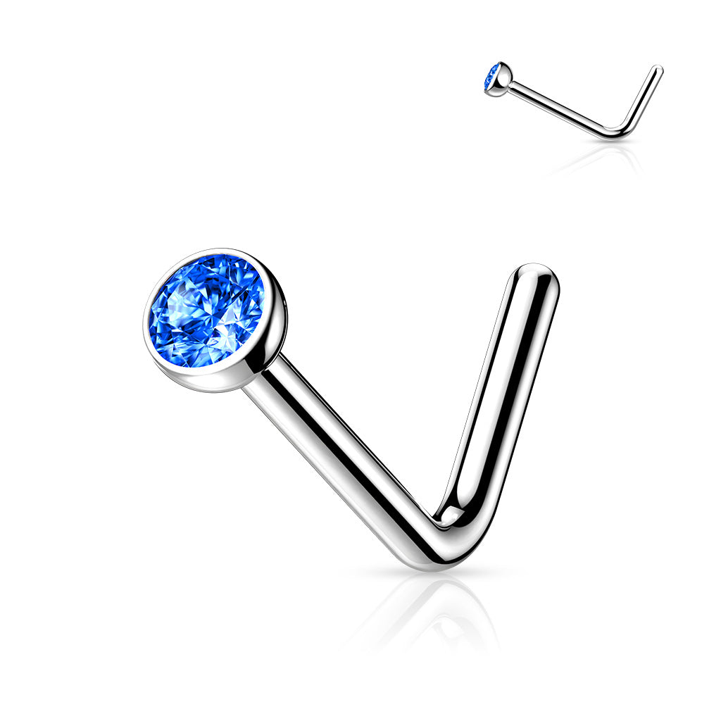 Cherry Diva L Bend Nose Stud BLUE 20 Gauge Titanium Prong Set Crystal L-Bend Nose Stud
