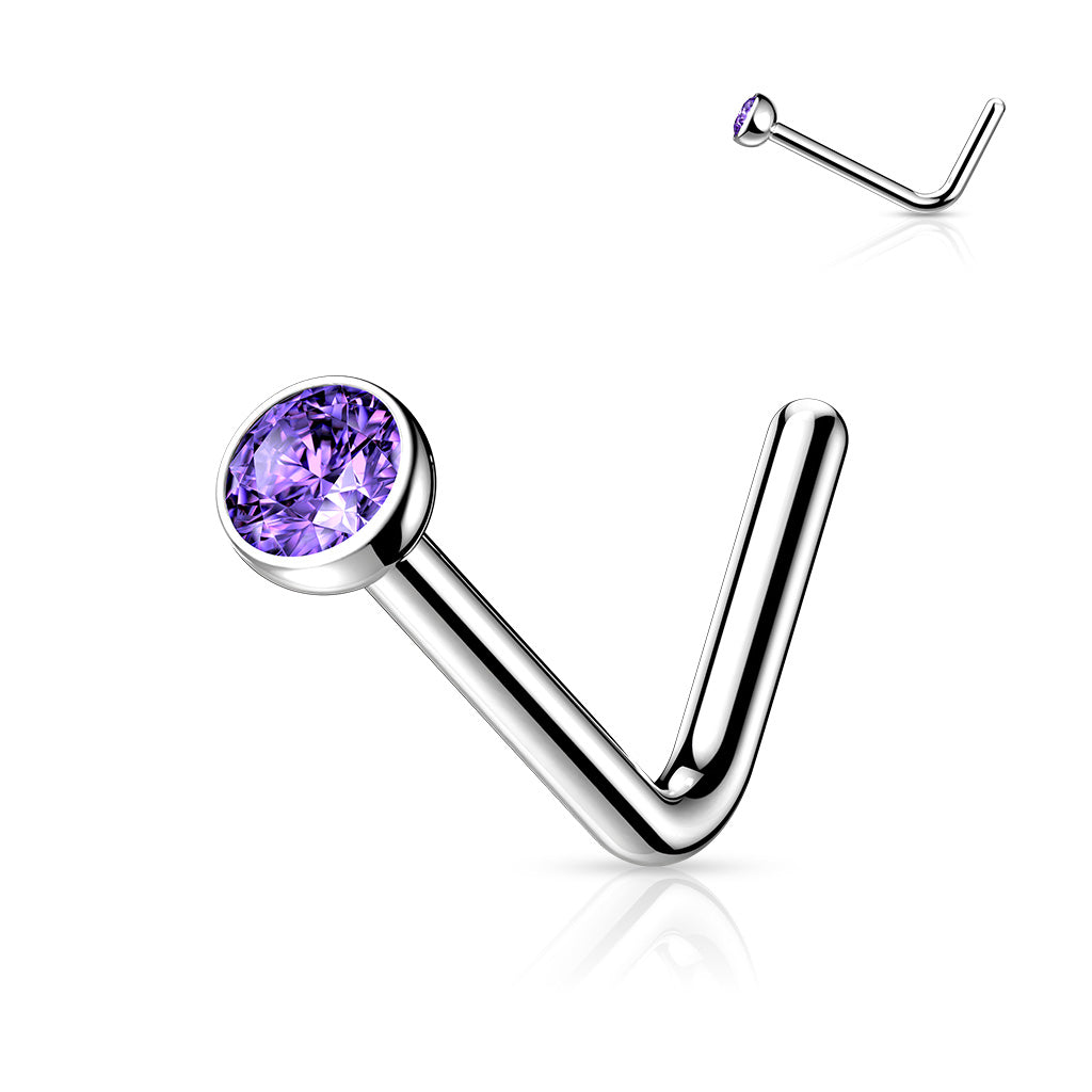 Cherry Diva L Bend Nose Stud PURPLE 20 Gauge Titanium Prong Set Crystal L-Bend Nose Stud