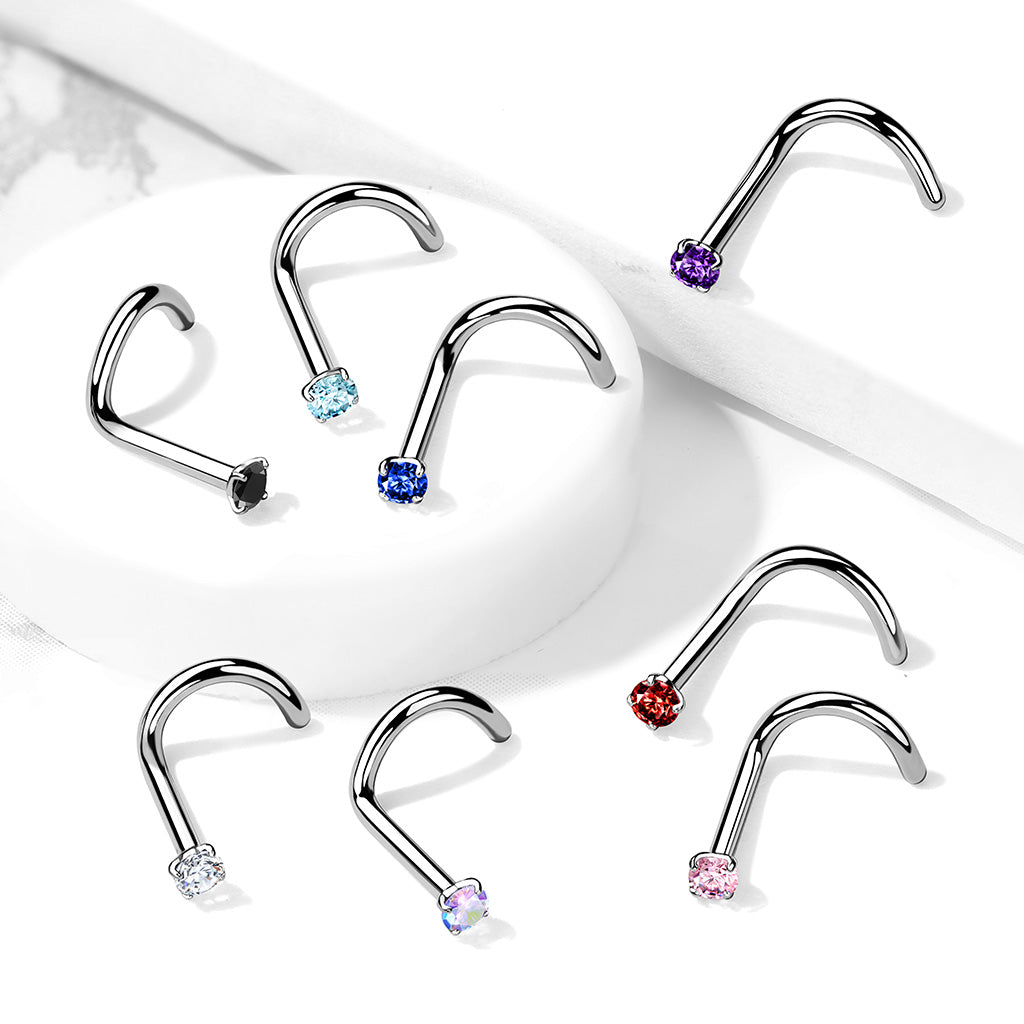Cherry Diva Screw Nose Ring 20 Gauge Titanium Prong Set Crystal Screw Nose Stud