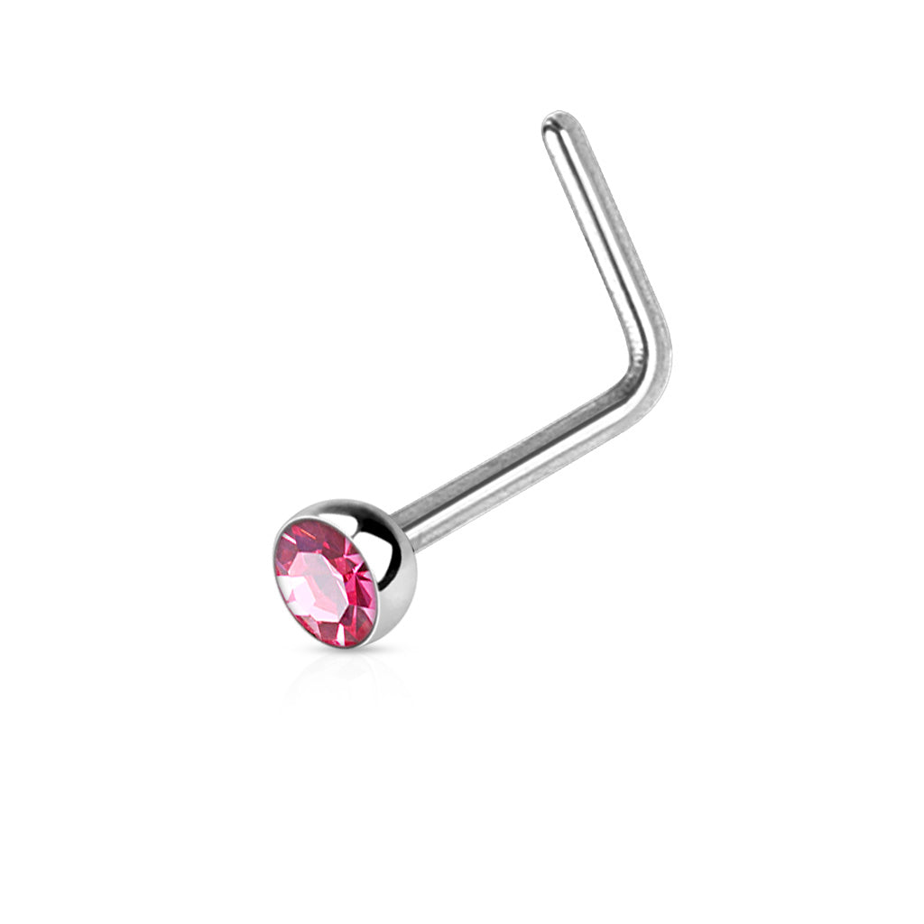 Cherry Diva L Bend Nose Stud PINK 20 Gauge Crystal End L Bend Nose Stud