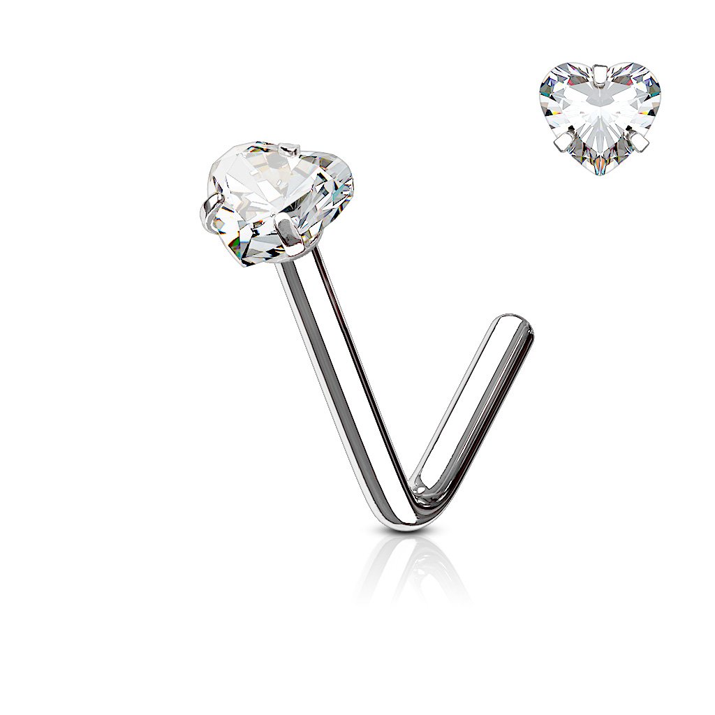 Cherry Diva L Bend Nose Stud SILVER 20 Gauge Prong Set Crystal Heart L Bend Nose Stud