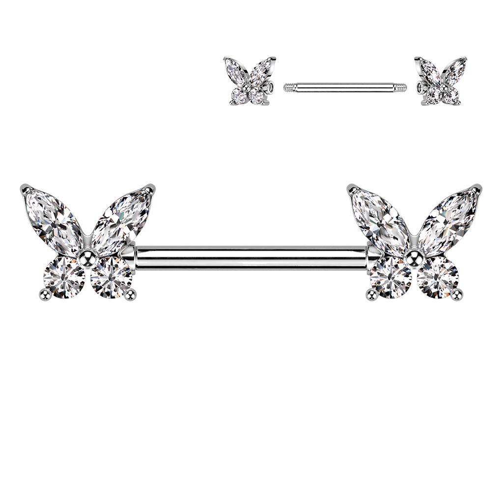 Cherry Diva Nipple Ring 14 Gauge Crystal Butterfly Wings Nipple Bar