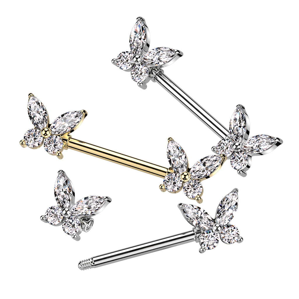Cherry Diva Nipple Ring 14 Gauge Crystal Butterfly Wings Nipple Bar