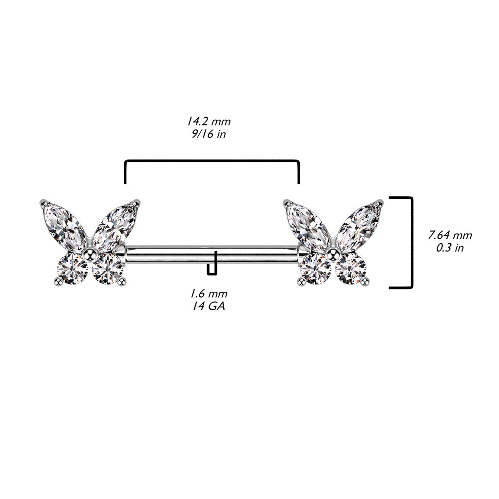 Cherry Diva Nipple Ring 14 Gauge Crystal Butterfly Wings Nipple Bar