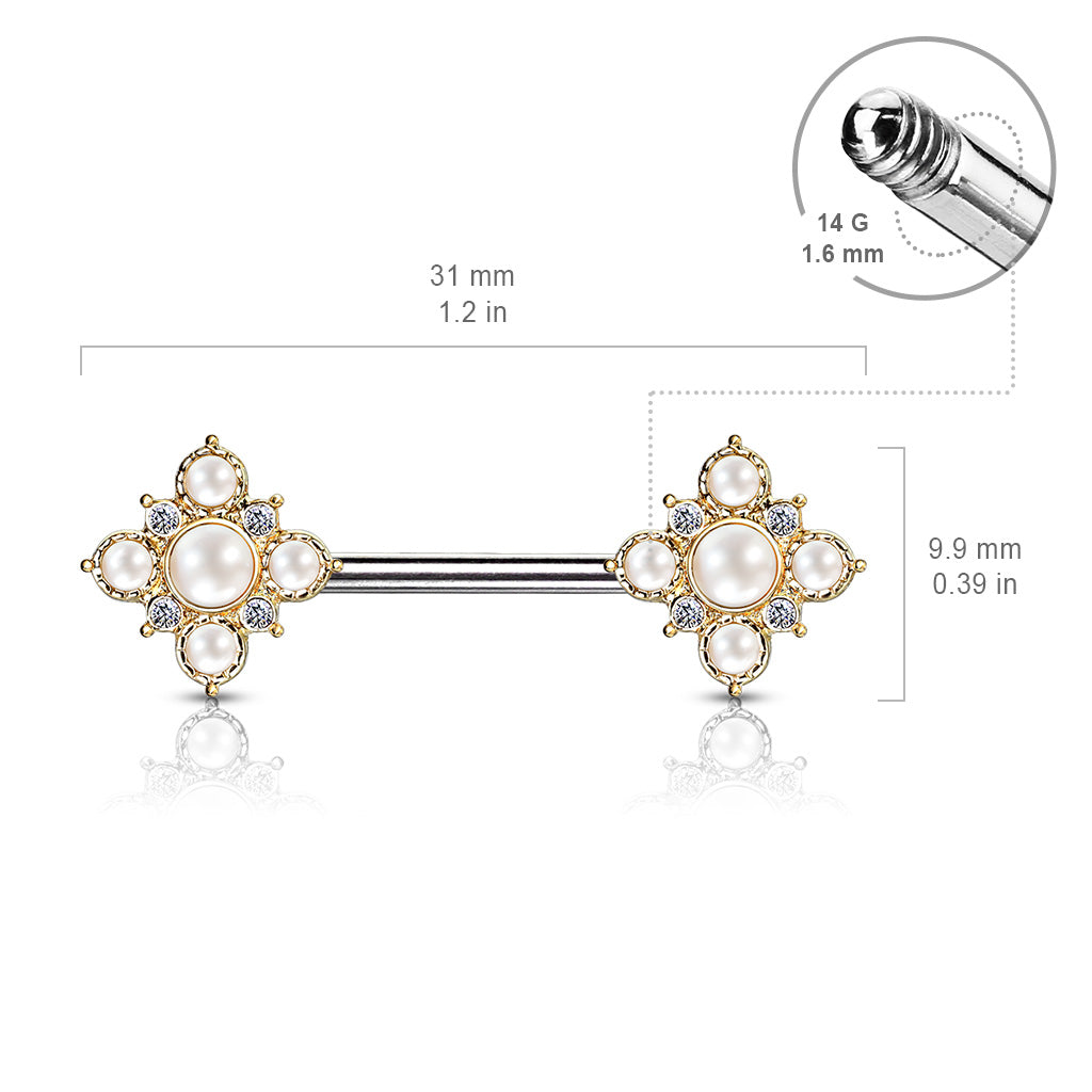 14 Gauge Crystal & Pearl Barbell Nipple Ring