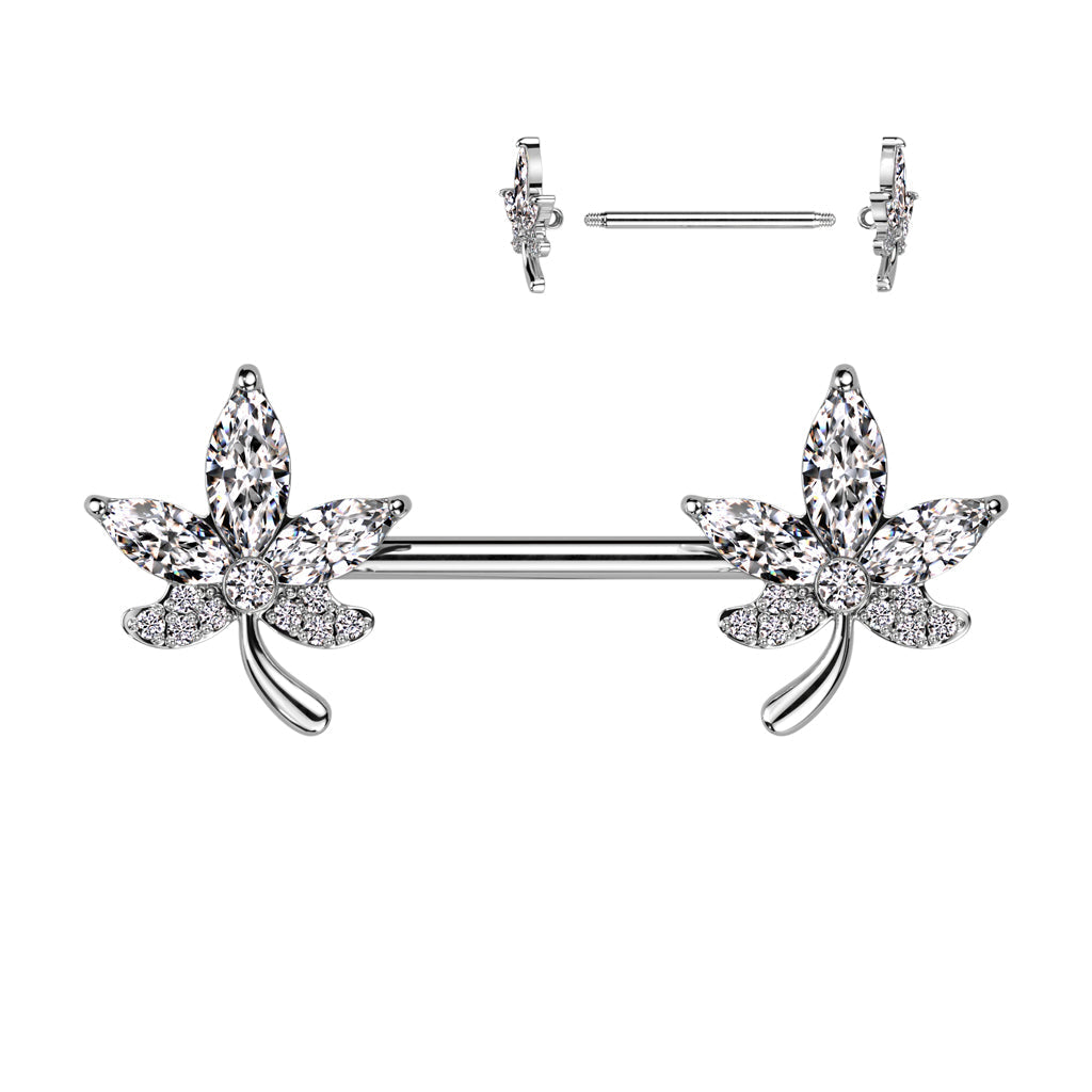 Cherry Diva Nipple Ring 14 Gauge Five Petal Crystal Barbell Nipple Ring
