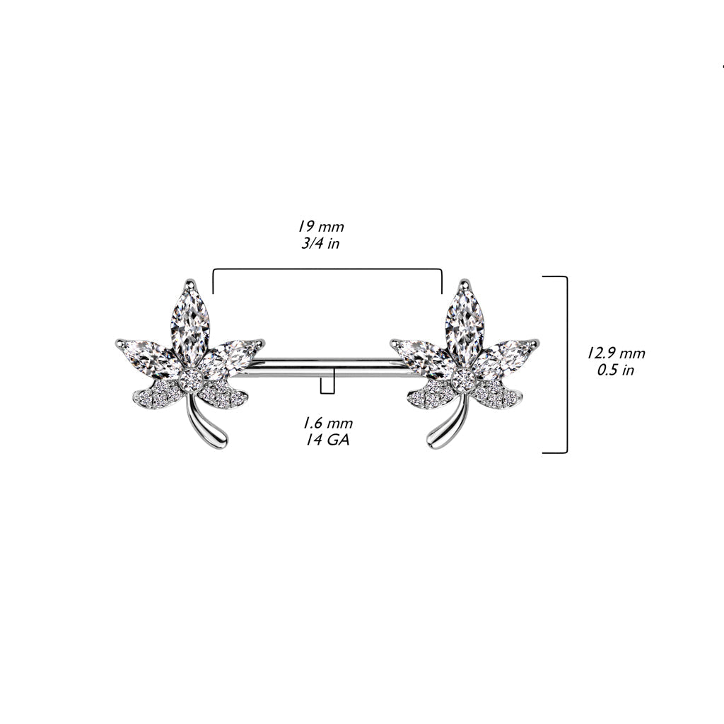 Cherry Diva Nipple Ring 14 Gauge Five Petal Crystal Barbell Nipple Ring