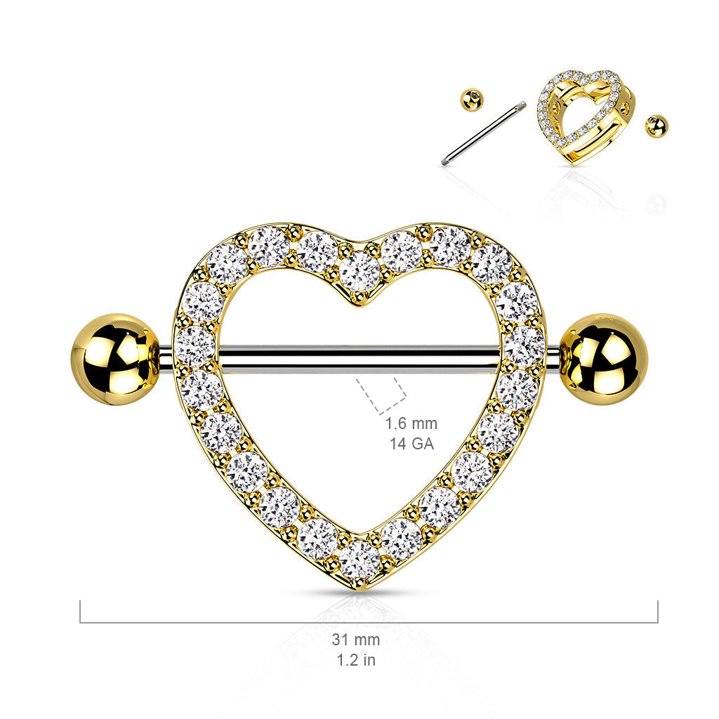 Cherry Diva Nipple Ring 14 Gauge Crystal Heart Barbell Nipple Shield - Gold